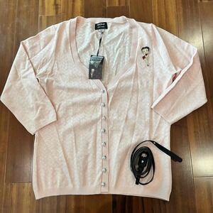 New Unique Vintage x Betty Boop Pointelle Cardigan Sweater Pink Belt Plus 3X 20